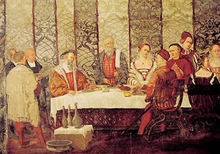 Banquet Given by Bartolomeo Colleoni (1400-75) for Christian I (1426-81) of Denmark  (detail) von Marcello Fogolino