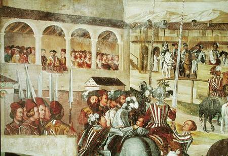 Tournament in Honour of Christian I (1426-81) of Denmark at Castello di Malpaga, detail from the lef von Marcello Fogolino