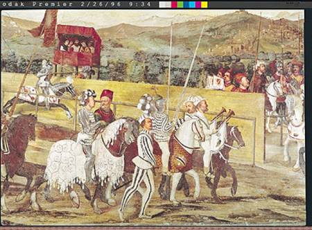 Tournament in Honour of Christian I (1426-81) of Denmark at Castello di Malpaga, detail from the rig von Marcello Fogolino