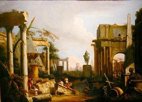 Landscape with Classical Ruins and Figures (oil on canvas) 18th