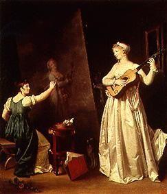 Malerin beim Portraitieren einer Lautenspielerin um 1790