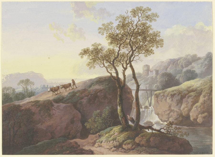 Landschaft mit einem Wasserfall, über den ein Steg führt, links treibt ein Bauer zwei Kühe zu Tal, i von Maria Dorothea Wagner
