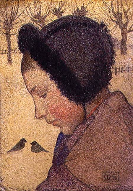 Head of a Young Girl in a Fur Hat (oil and gesso on board) von Marianne Stokes