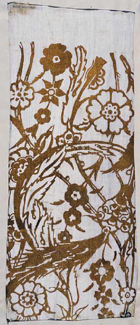 Weißer Stoff mit Blumendekor in Gold gedruckt, nach 1910 1910