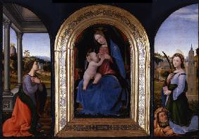 Thronende Madonna mit Heiligen Katharina von Alexandrien und Barbara mit ihren Vater Dioscuros 1500