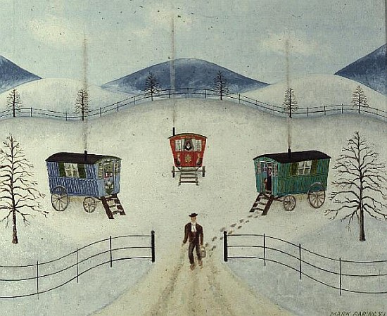 Gypsy Caravans in the Snow, 1981 (oil on board)  von Mark  Baring