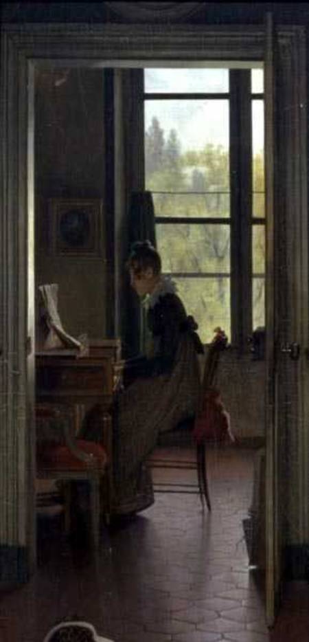 Interior of a Dining Room, detail of a woman playing the piano in the next room von Martin Drolling