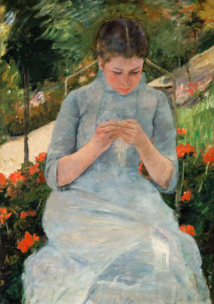 Junge strickende Frau im Garten von Mary Stevenson Cassatt