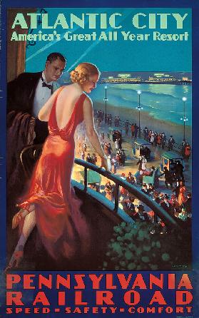 Poster advertising travel to Atlantic City by Pennsylvania Railroad 1935