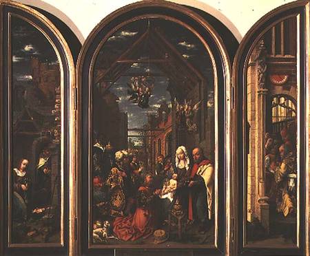 Triptych, depicting the Adoration of the Magi (centre), the Nativity (left) and the Circumcision (ri von Master of Frankfurt