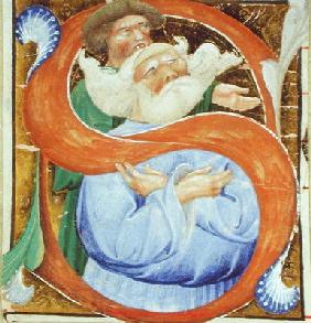 Historiated initial 'S' depicting an old man praying (vellum) 1923