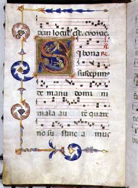 Ms 564 f.13v Page with historiated initial 'S' depicting The Constancy of Job early 14th