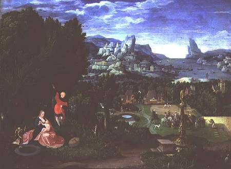 The Rest on the Flight into Egypt, landscape painted by Joachim Patinir von Master of the Female Half Lengths