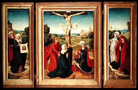 Triptych with the central panel depicting the Crucifixion with the Virgin, St. John, and Mary Magdal von Master of the Legend of St. Catherine