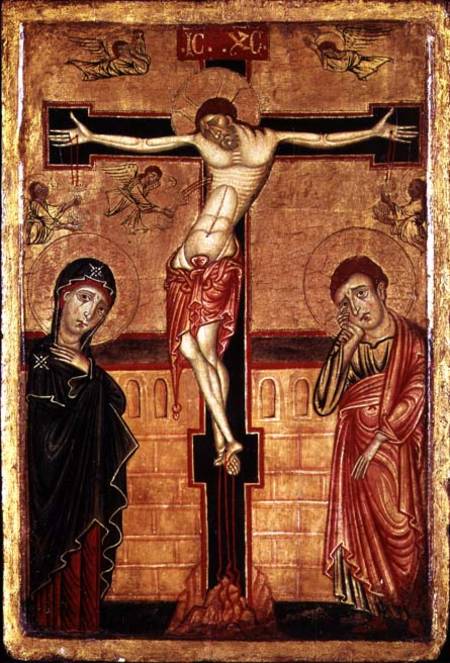 Christ on the Cross, with the Virgin Mary, St. John the Evangelist and Five Angels von Master of the Magdalene Altarpiece
