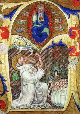 Historiated initial 'A' depicting St. Benedict offering his soul to God the Father, Lombardy School 1893