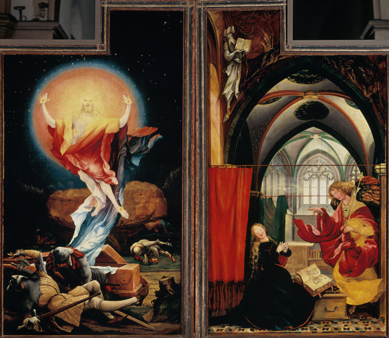 Isenheimer Altar Zweite Schauseite, rechte und linke Tafel: Auferstehung Christi, Verkündigung Maria von Mathias (Mathis Gothart) Grünewald