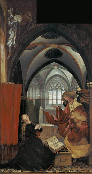 Isenheimer Altar. Mittelstellung, linke Tafel: Verkündigung an Maria. von Mathias (Mathis Gothart) Grünewald
