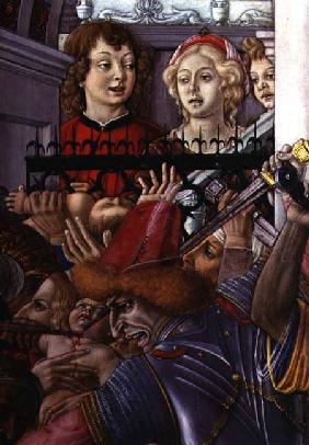 The Massacre of the Innocents, detail of two onlookers observing the carnage from the palace 1482