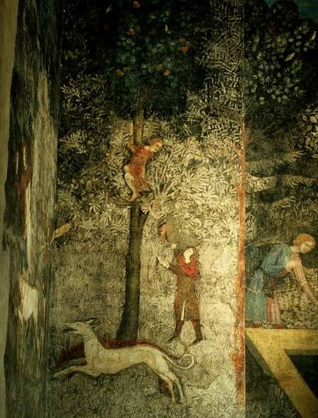 Hunting dogs and men climbing a tree detail of the decorative scheme from La Chambre du Cerf ( 1347 von Matteo Giovanetti