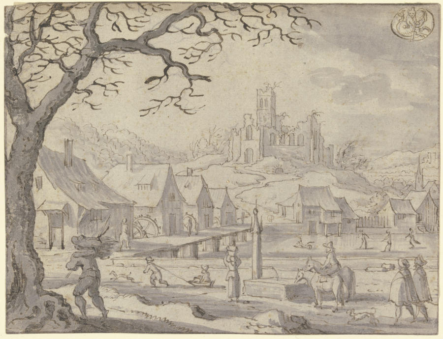 Monatsbild Januar, oben rechts das Zeichen des Wassermanns von Matthäus Merian d. Ä.