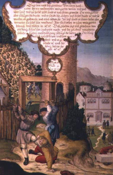 The vinedressers killing the heir of the vineyard owner, illustrating Christ's teaching 'The stone t von Matthias Gerung or Gerou
