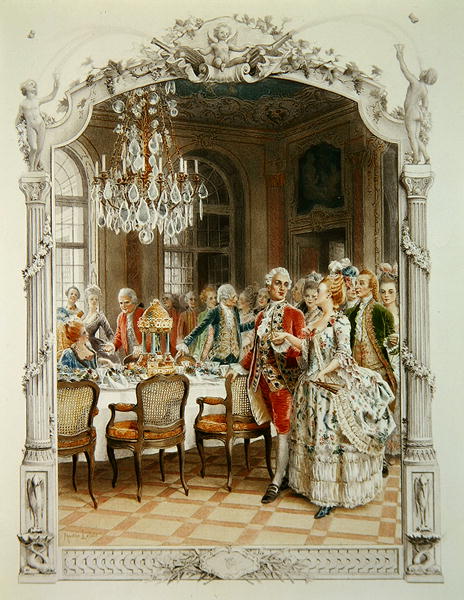 Elegant meal during the Eighteenth century, illustration from ''Une femme de qualite au siecle passe von Maurice Leloir