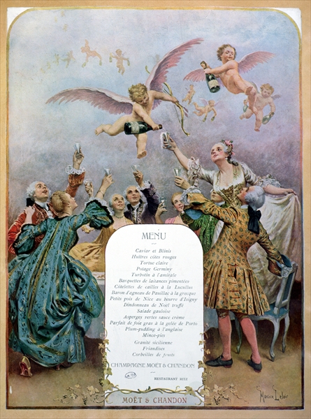 Ritz Restaurant menu, depicting a group of elegant 18th century men and women drinking champagne ser von Maurice Leloir