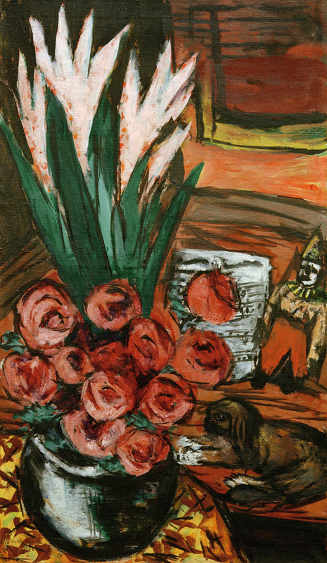 Stillleben mit roten Rosen und Butchy von Max Beckmann