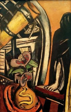 Atelier (Nacht). Stilleben mit Fernrohr und verhüllter Figu 1938