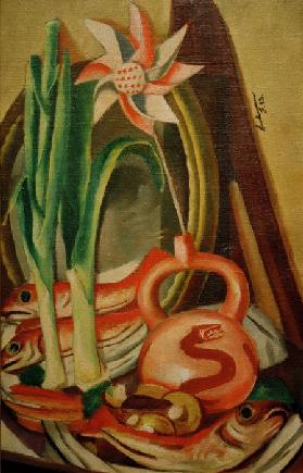 Stilleben mit Fischen und Papierblume 1923