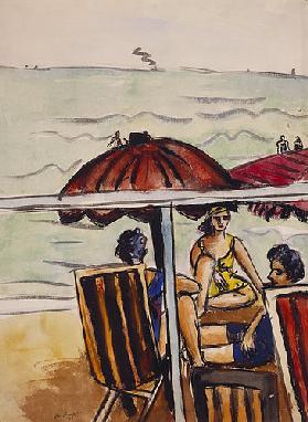 Strandszene mit Sonnenschirm. 1936.