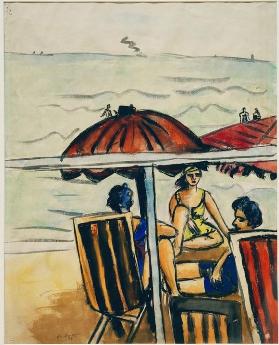 Strandszene mit Sonnenschirmen 1936