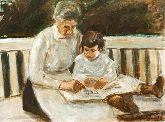 Enkelin und Kinderfrau auf der Gartenbank von Max Liebermann