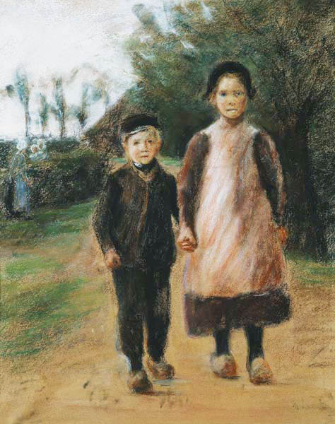 Junge und Mädchen auf der Dorfstrasse von Max Liebermann