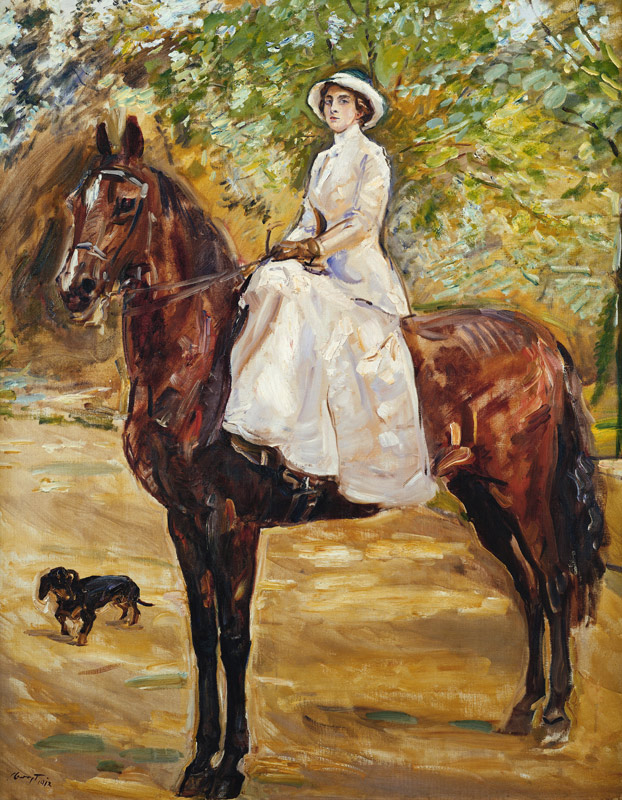 Dame im weißen Reitkleid zu Pferde von Max Slevogt