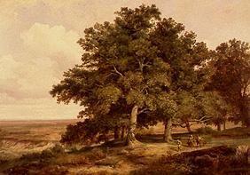 Eichenbaumgruppe mit Bauern vor einer weiten Landschaft. 1838