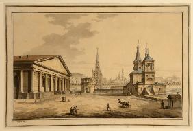 Blick auf die Manege, Kutafja-Turm und Nikolauskirche in Moskau 1817