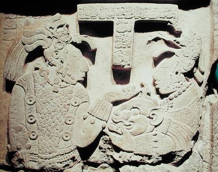 Stela depicting a woman presenting a jaguar mask to a priest, from Yaxchilan von Mayan