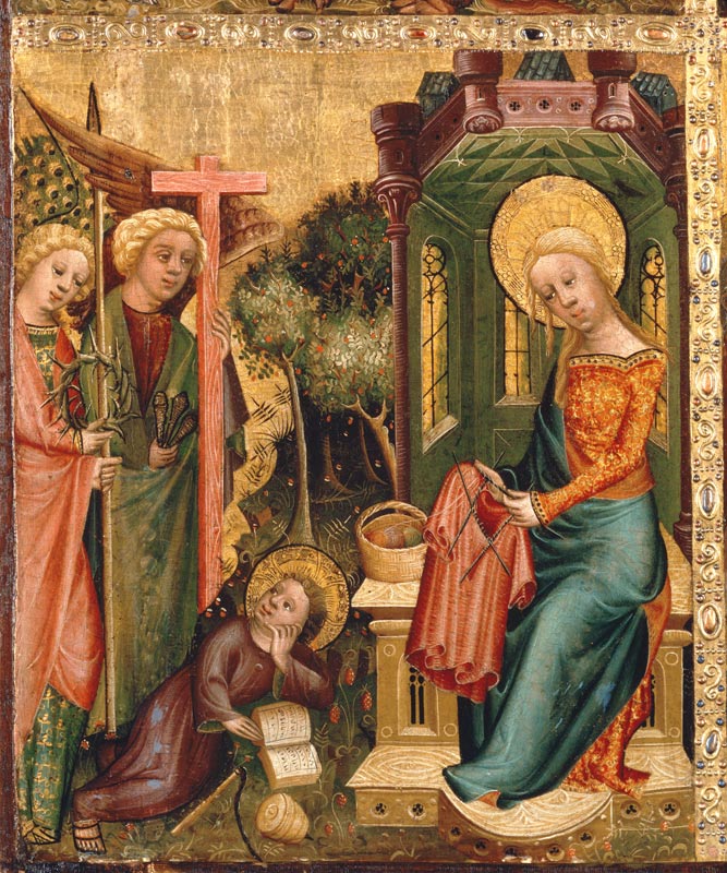 Buxtehuder Marienaltar Besuch der Engel bei Maria, die den Rock Christi strickt von Meister Bertram