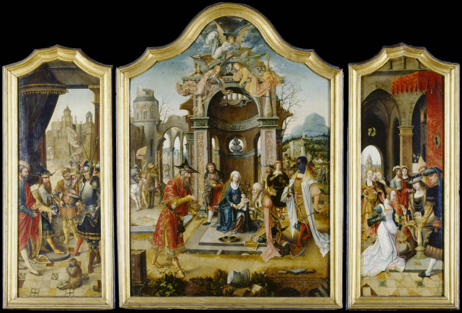 Triptychon mit der Anbetung der Heiligen Drei Könige, David mit dem Wasser aus Bethlehem und der Kön von Meister der von Grooteschen Anbetung