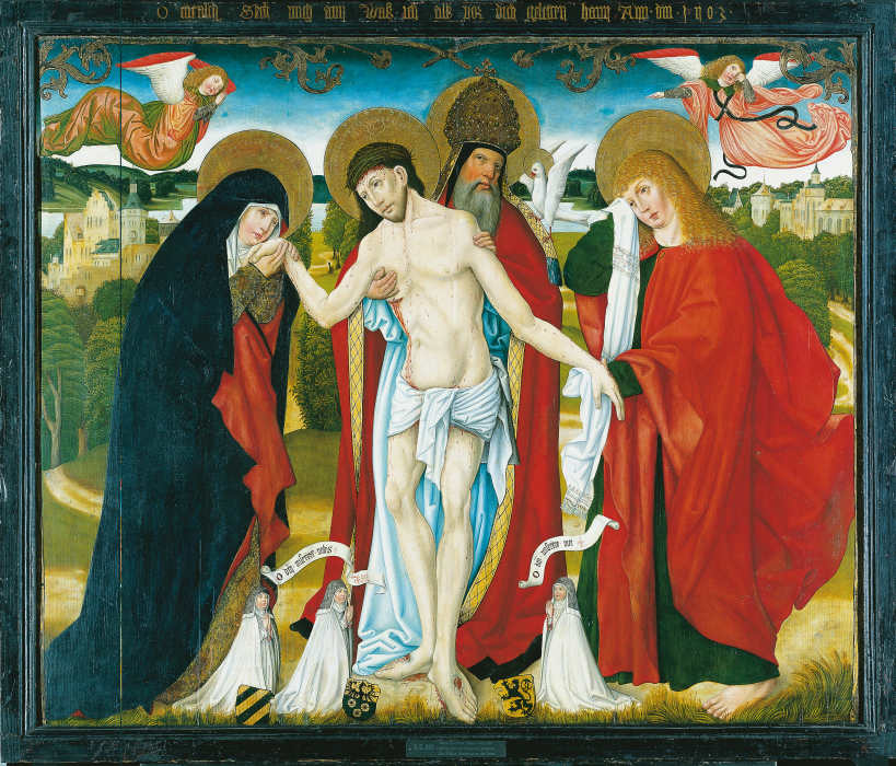 Hl. Dreifaltigkeit mit Maria und Johannes von Meister des Wendelin-Altares