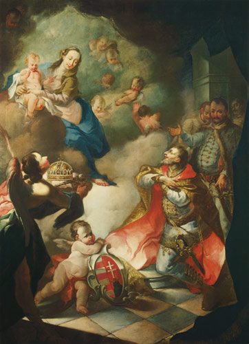 Der hl. Stephan bietet seine Krone der hl. Jungfrau an von Meister (unbekanner ungarischer)
