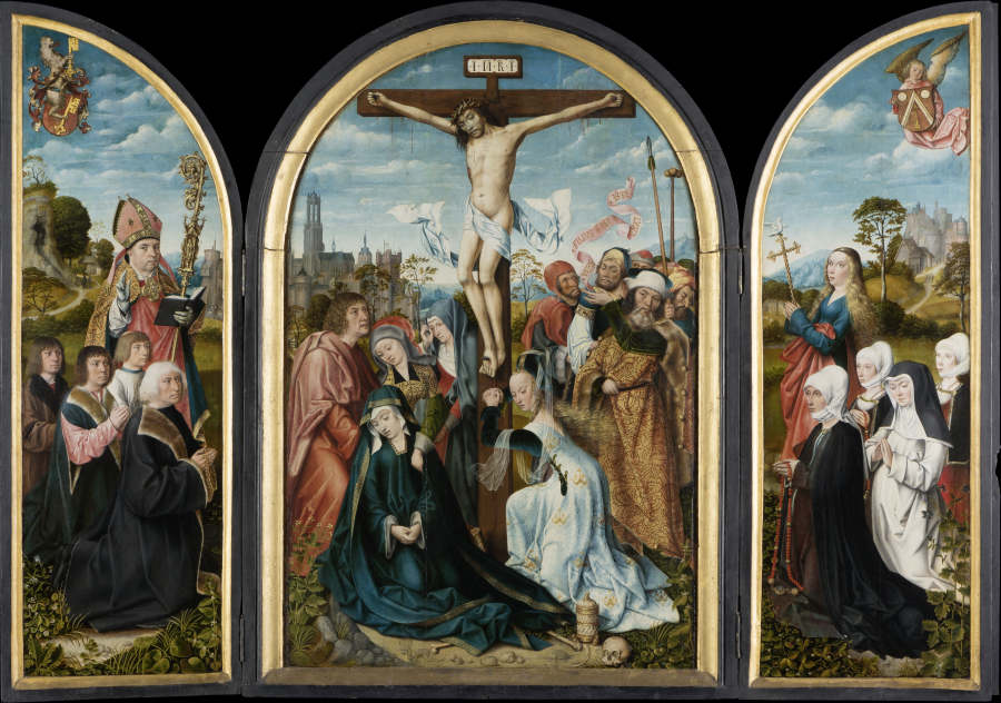 Kreuzigungstriptychon mit den Stiftern Nikolaus Humbracht (gest. 1504) und Greda Brun, geb. Faut von von Meister von Frankfurt