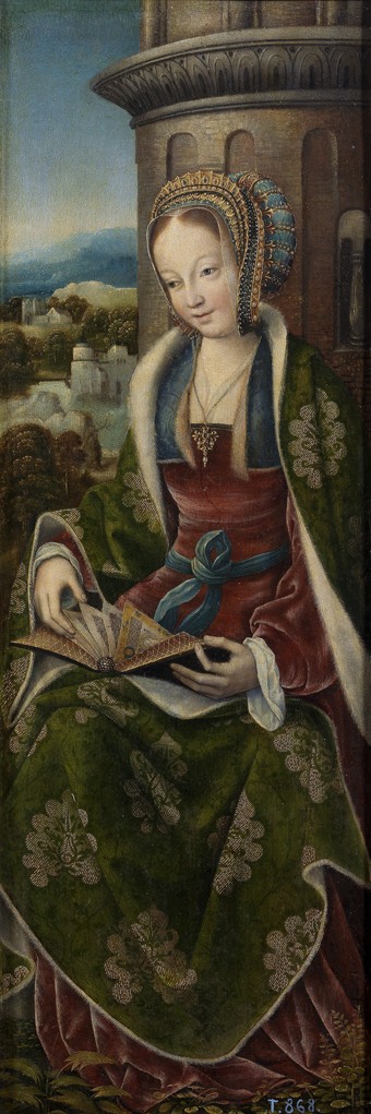 Triptychon mit der Heiligen Familie und musizierenden Engeln. Rechte Tafel: Heilige Barbara von Meister von Frankfurt