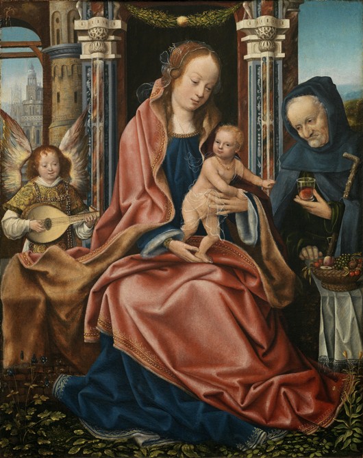 Triptychon mit der Heiligen Familie und musizierenden Engeln. Mitteltafel von Meister von Frankfurt