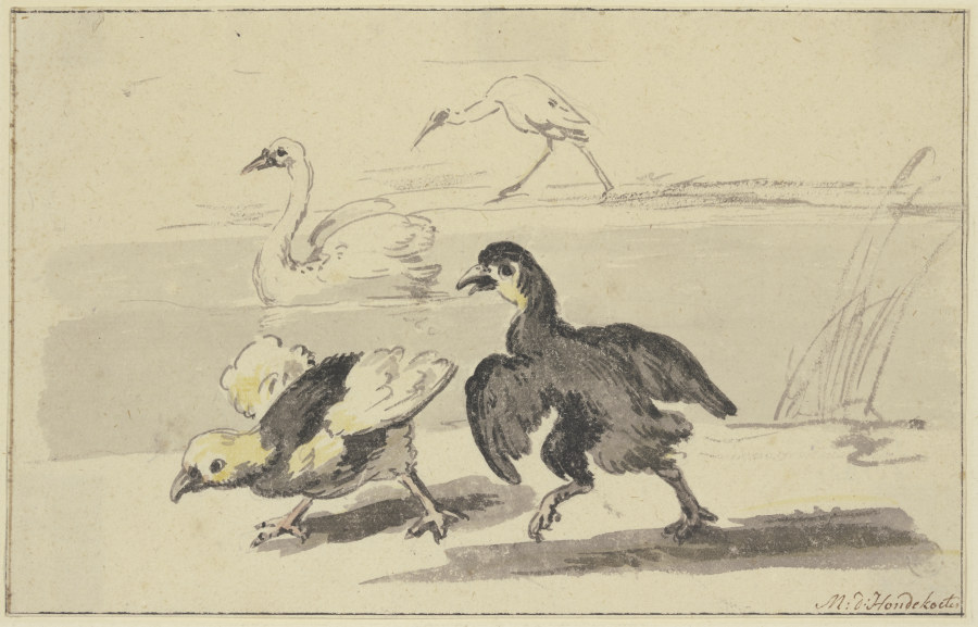 Zwei junge Schwäne nach links laufend, auf dem Wasser das Elterntier, hinten ein Storch von Melchior de Hondecoeter