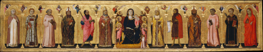 Thronende Madonna mit Kind, Engeln, zwölf Heiligen, Propheten und Stifter von Meo da Siena
