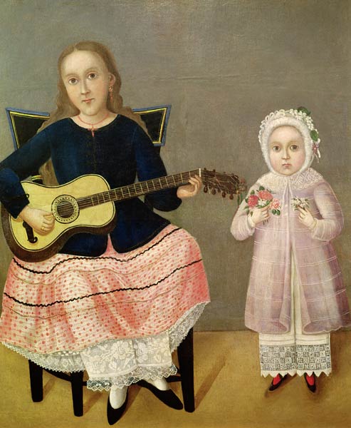 Young Girl with a Guitar and Child with a Bouquet von Mexican School