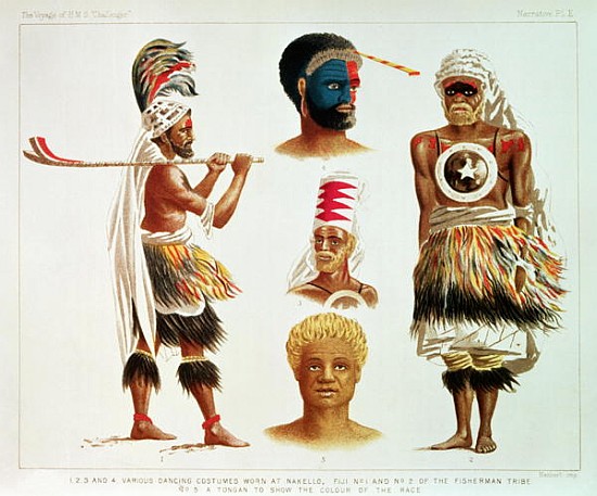 Various Dancing Costumes Worn at Nakello, Fiji, illustration from ''The Voyage of H.M.S. Challenger' von Michael Hanhart